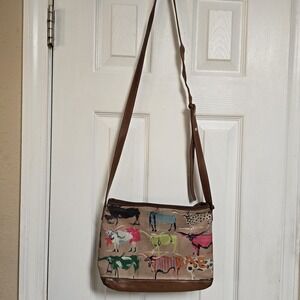 Barrington Longhorn Cattle Print Crossbody Bag Leather Trim Adjustable Strap...